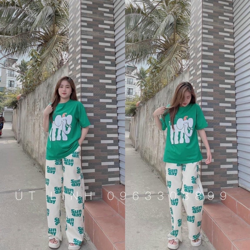 Set áo cotton xanh voi con quần suông gân R9