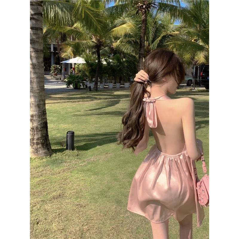 Váy Đầm Đẹp Dự Tiệc Dáng Xoè Cột Nơ Yếm Mút Ngực, Phong Cách tiểu Thư