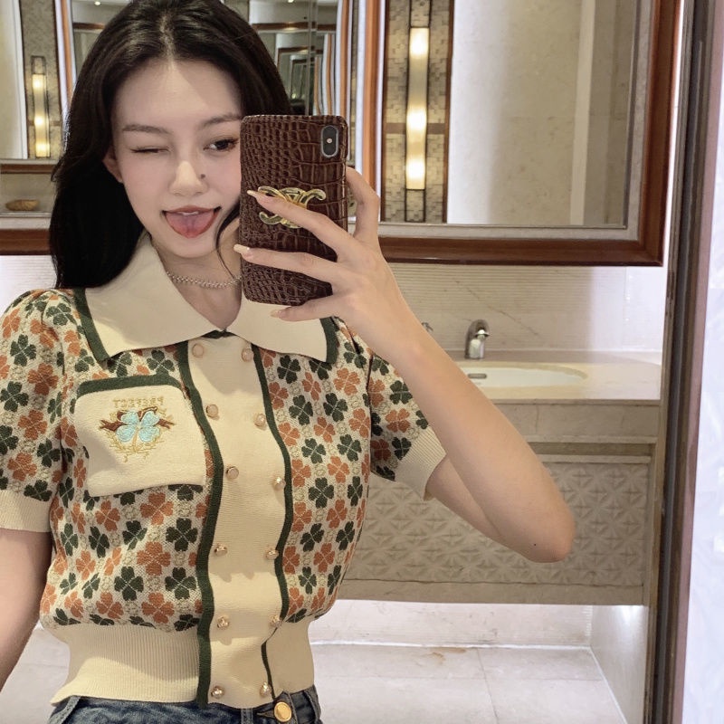 Áo Thun POLO Ngắn Tay Thêu Họa Tiết Cỏ Bốn Lá Thời Trang Cho Nữ  tao bao