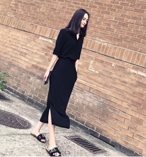 Sơ mi liền váy xẻ tà đen XL