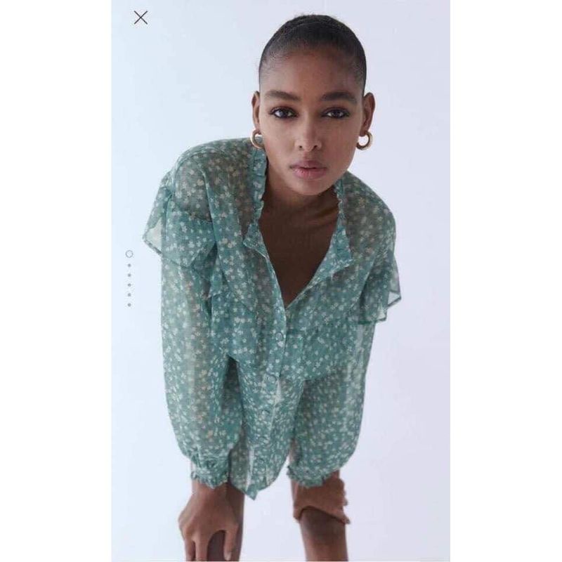 Áo sơ mi FOREVER 21 voan tơ tay dài phồng bèo hoạ tiết hoa vintage vàng, hồng
