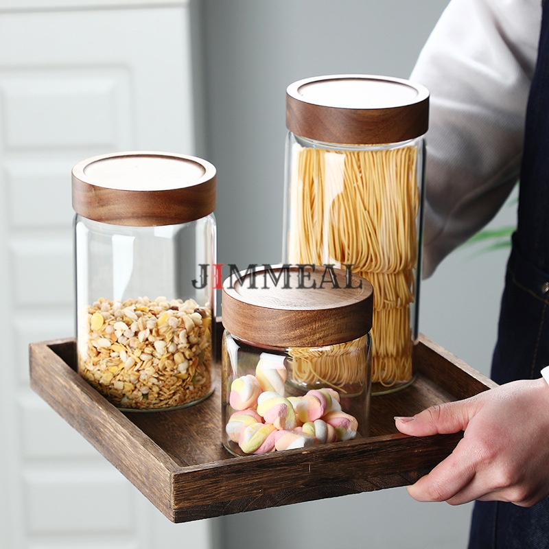Lọ Thủy Tinh Nắp Gỗ Vặn, Hũ Thủy Tinh Nắp Gỗ Vặn JIMMEAL Đựng Gia Vị,Thực Phẩm, Đồ Khô 500ml 800ml 1000ml 1600ml Cao Cấp