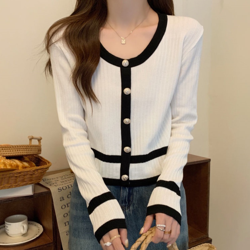 Áo Sweater Tay Dài Cổ Tròn Phối Màu Tương Phản Trẻ Trung Phong Cách Hàn Quốc