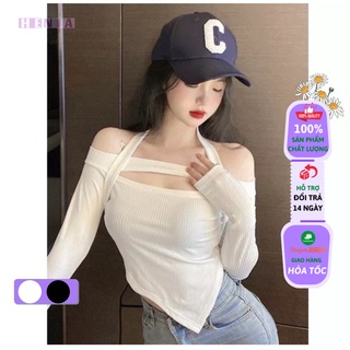 Áo Thun Nữ Tay Dài, Áo Croptop Kiểu Vạt Chéo, Phối Cổ Độc Lạ Henia.
