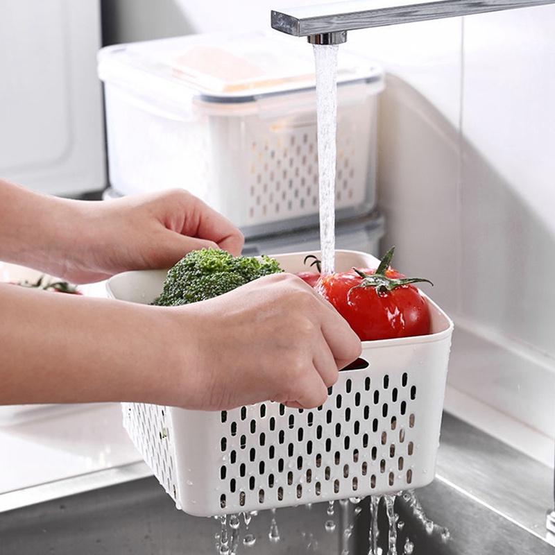 Hộp Đựng Rau Củ Quả/Trái Cây 3 Trong 1 Cỡ Lớn Có Nắp &amp; Lỗ Thoát Nước Cho Tủ Lạnh