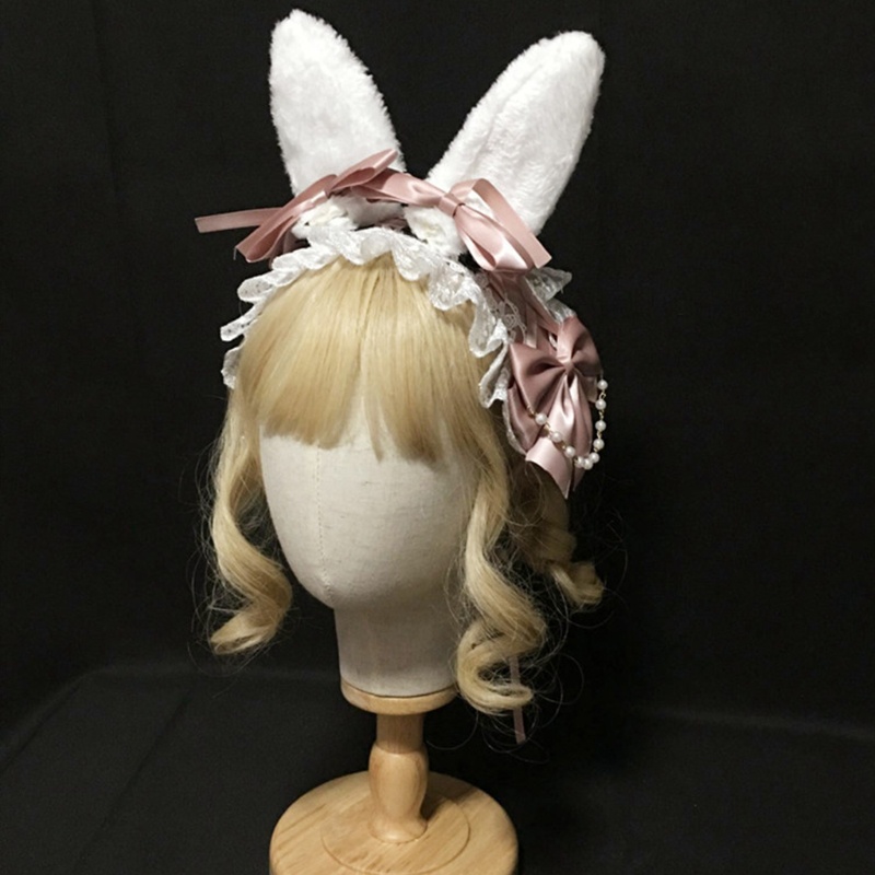 Băng Đô Tai Thỏ Phối Ren Và Ngọc Trai Dùng Hóa Trang Lolita
