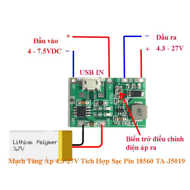 Mạch Tăng Áp 4.3-27V Tích Hợp Sạc Pin 18650 TA-J5019Mạch UPS mini