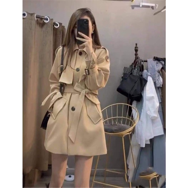 Áo khoác măng tô nữ đai eo dáng ngắn cao cấp. | BigBuy360 - bigbuy360.vn