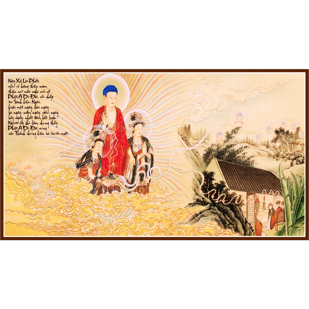 Tranh Phật Giáo - Tranh A Di Đà Thế Giới Cực Lạc -chất liệu vải canvas kim tuyến đóng  nẹp sáo gỗ tự nhiên-BIG SIZE