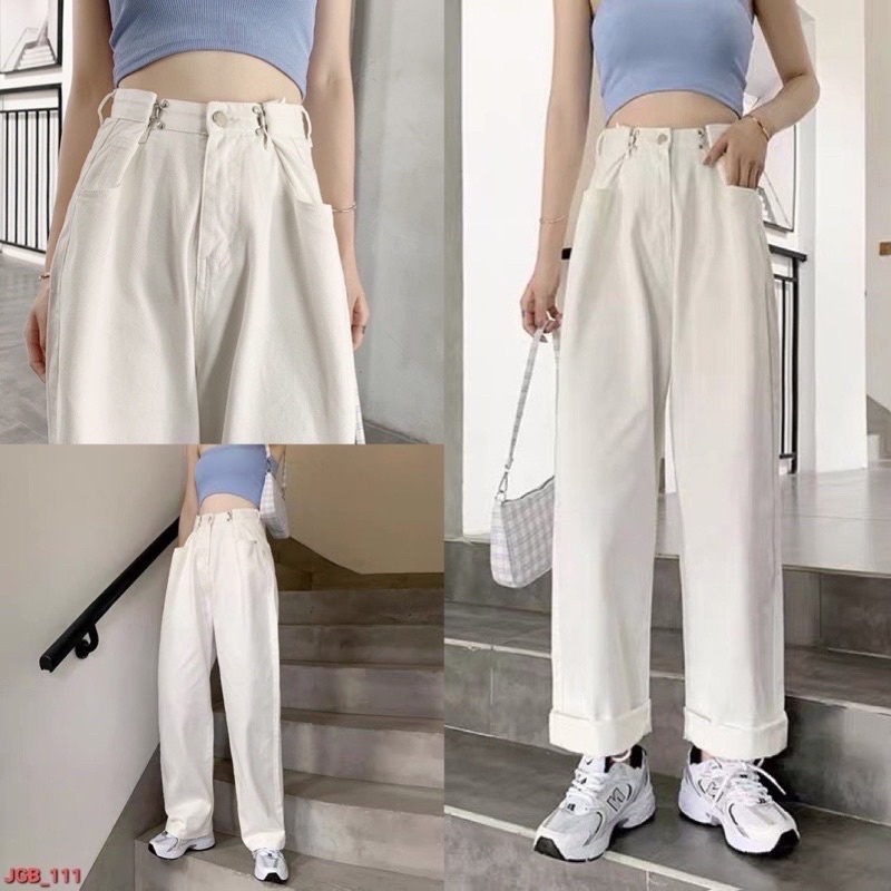 Quần ống rộng móc cài eo, quần bò ống suông nữ lưng cao màu trắng phong cách ulzzang