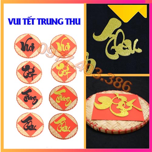 Mẹt Tre Thư Pháp Kim Tuyến COM BO 4 Mẹt VUI TẾT TRUNG THU [ Decor, trang trí ngày Rằm Trung Thu ]