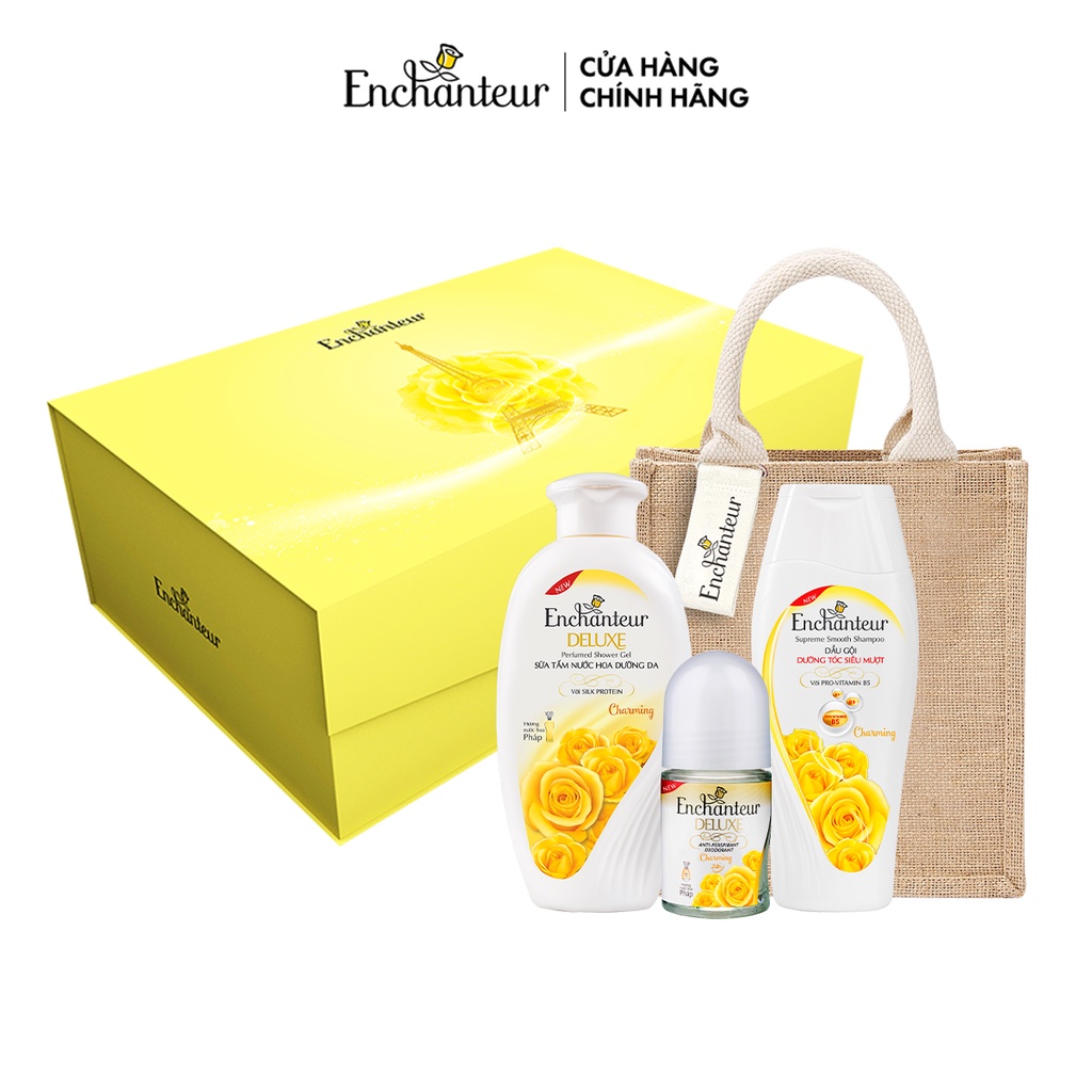 Combo hộp quà Enchanteur + Túi cói KHĐ (Dầu gội 180gr, Sữa tắm 180gr, Lăn khử mùi nước hoa 25ml)