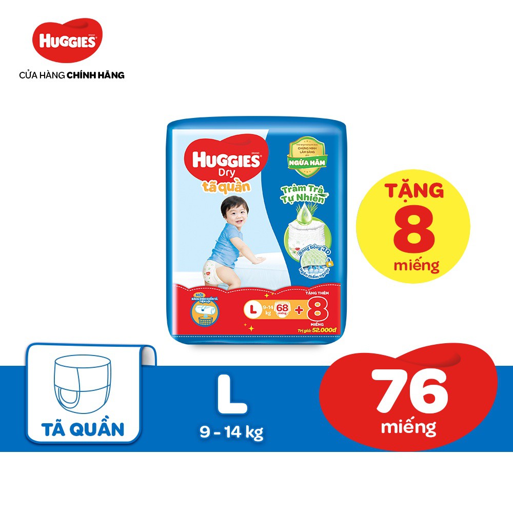 Combo 3 Tã Quần Huggies Tràm Trà Tự Nhiên Dry M76/L68/XL60/XXL54 + Tặng 8 miếng