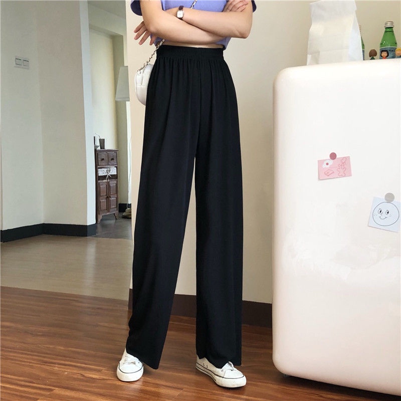 Ice silk wide-leg pants female spring and autumn high waist drape black loose summer thin section Casual straight-leg fall trousers