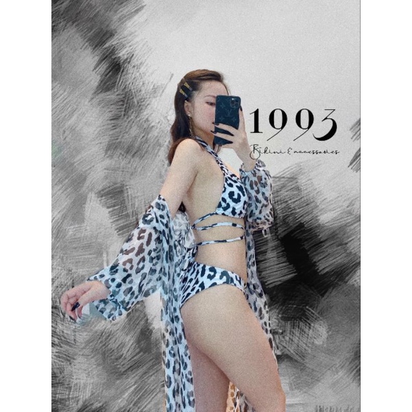 Bikini bộ bơi đồ đi biển nữ set 3 món họa tiết beo trắng đen EVA S3MBT
