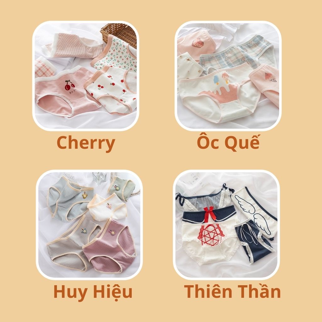 Set 5 Quần Lót Cotton Hot 2022 Cute Hoạ Tiết Dễ Thương Chip Cạp Thấp TOPBRA