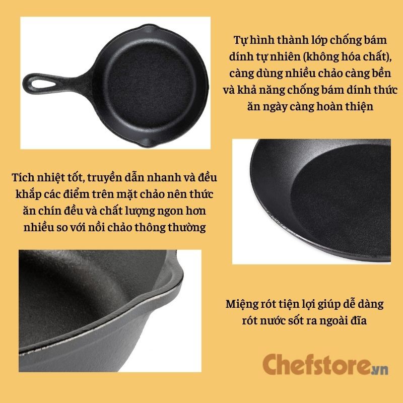 Chảo Gang Lodge 💥 Chảo Gang Bếp Từ Không Dính Đường Kính 20.3 cm Chính Hãng Lodge Mỹ