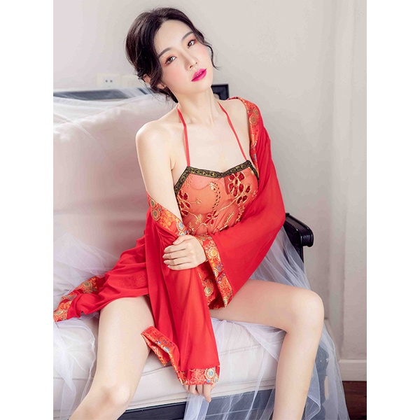 Cosplay cổ trang Trung Quốc xuyên thấu sexy gợi cảm set ngủ yếm kèm áo choàng họa tiết hoa cổ điển BIKIHOUSE N786 - HCM