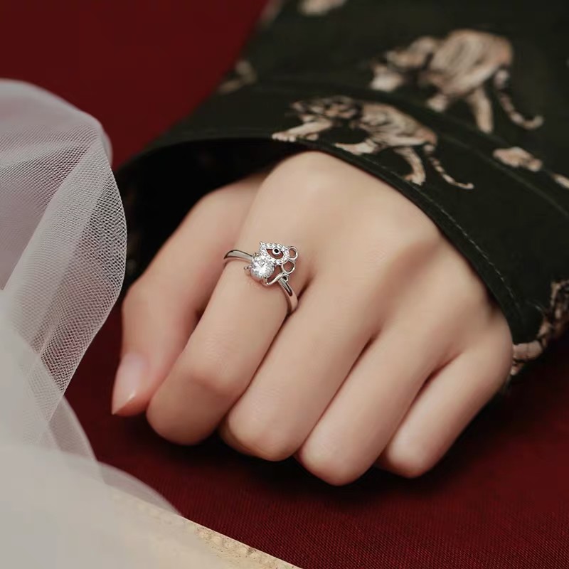 Nhẫn Đính Đá Zircon Hình Chuột Hoàng Đạo Dễ Thương Có Thể Điều Chỉnh Kích Thước Phong Cách Nhật Hàn