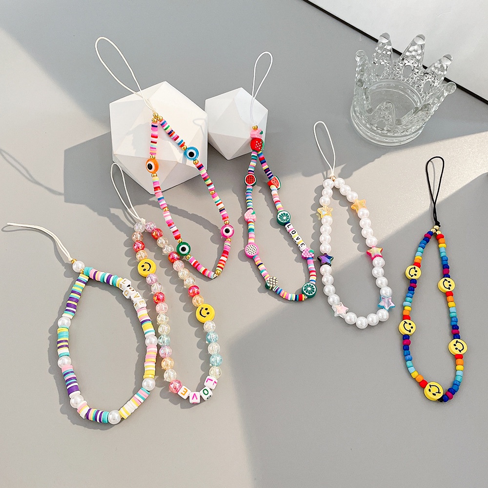 Dây Đeo Điện Thoại Chuỗi Hạt Ngọc Trai Nhiều Màu Hình Mặt Cười Mắt Quỷ