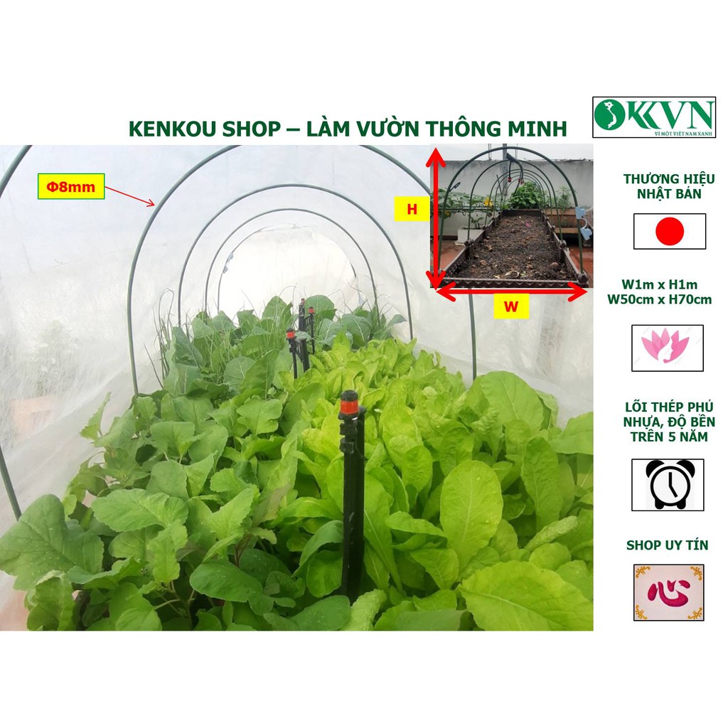 Shop Kenkou_Combo 10 Vòm luống lõi thép bọc nhựa daim Nhật bản - phủ nylon, lưới, vải không dệt, ngăn sương, giữ ấm