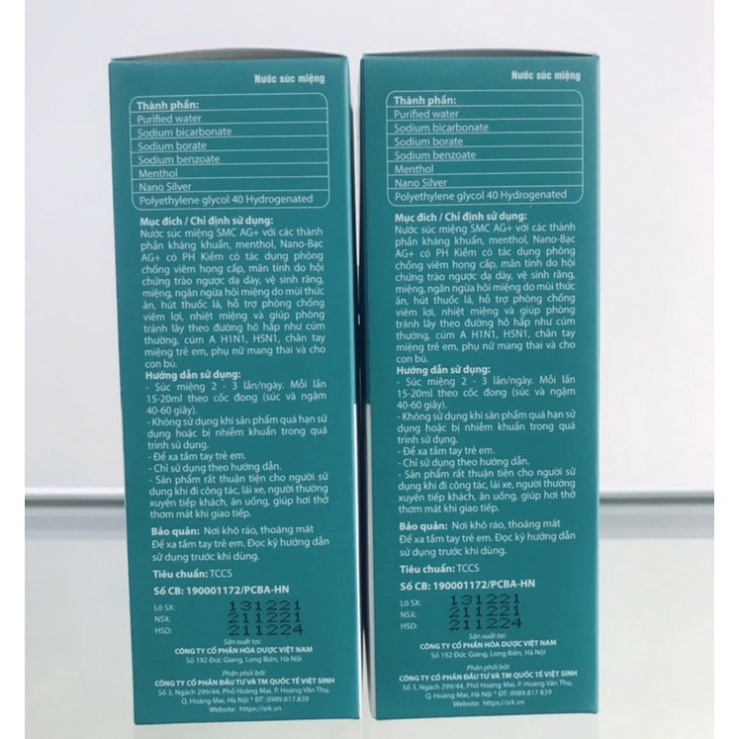 Nước Súc Miệng Nano Bạc SMC AG+  Phòng Ngừa Viêm Họng - Viêm Lợi - Hôi Miệng