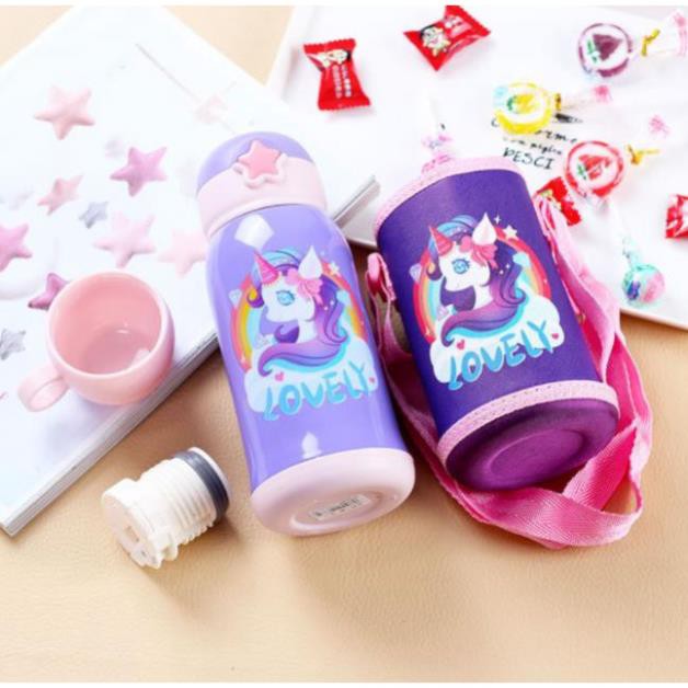 Bình Nước 600ml Cho Bé Đi Học -  2 Nắp - Giữ Nhiệt 12 Giờ, Kèm Ống Hút Và Túi Vải Giữ Nhiệt