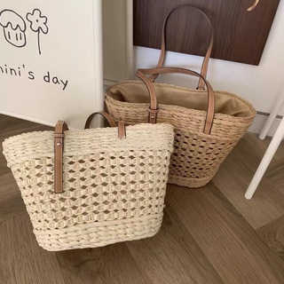 Túi cói đan thưa dây da - ailie
