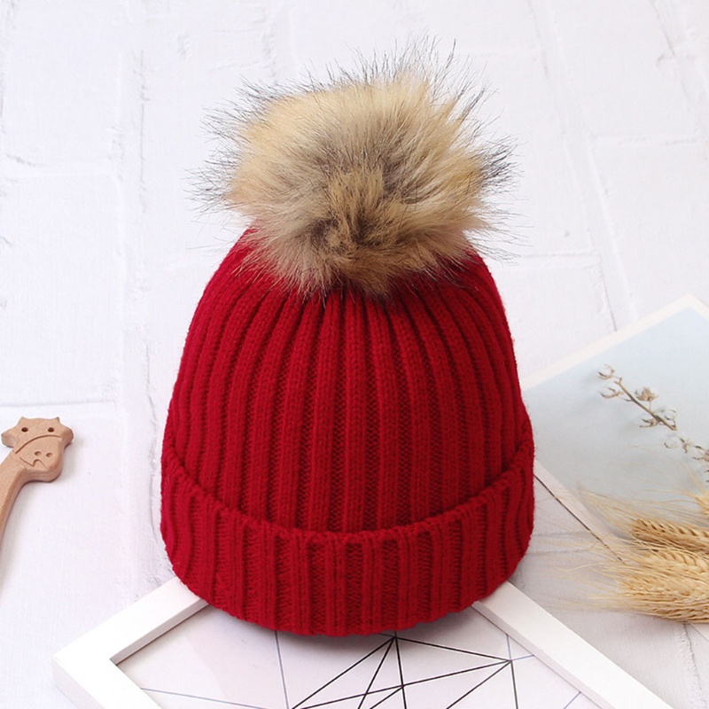Mũ Beanie Dệt Kim Phối Bóng Lông Màu Sắc Trơn Giữ Ấm Mùa Đông Dành Cho Trẻ Em
