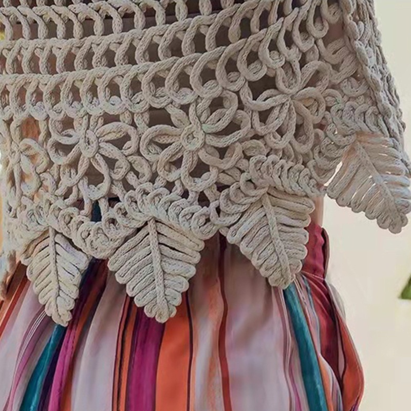 Xiangbao Áo Crop Top Dệt Kim Không Tay Cổ Tròn Khoét Rỗng Họa Tiết Hoa Lá Viền Lá Không Đều Đi Biển Cho