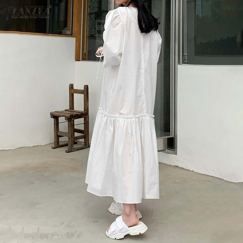 Đầm ZANZEA lai xếp nếp cổ V màu trơn tay phồng ngắn