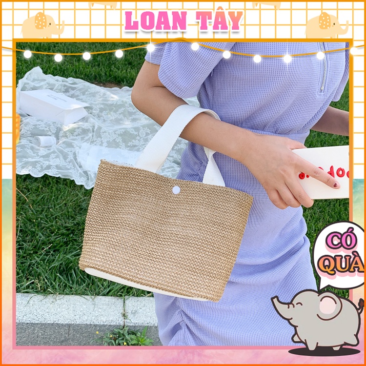 Túi Cói Đi Biển Xách Tay 2 Lớp Quai Vải L1829 - LoanTay