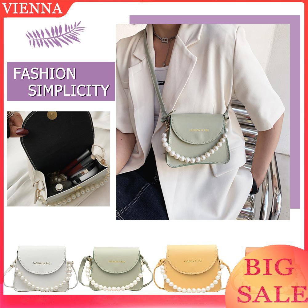 Fashion Women PU Crossbody Bag Casual Ladies Pearl Chain Pure Color Handbag