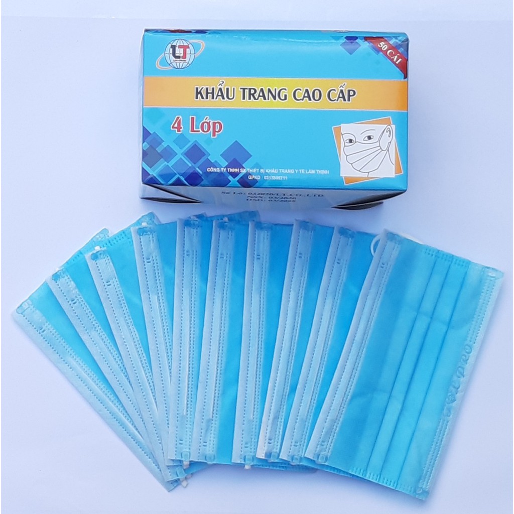 Hộp 50 cái Khẩu trang y tế 4 lớp kháng khuẩn , ngăn ngừa bụi - Màu xanh