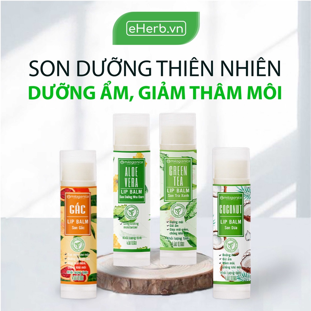 Son Dưỡng Ẩm, Giảm Thâm Môi: Dừa, Trà Xanh, Gấc MILAGANICS (4.5g/ Cây)