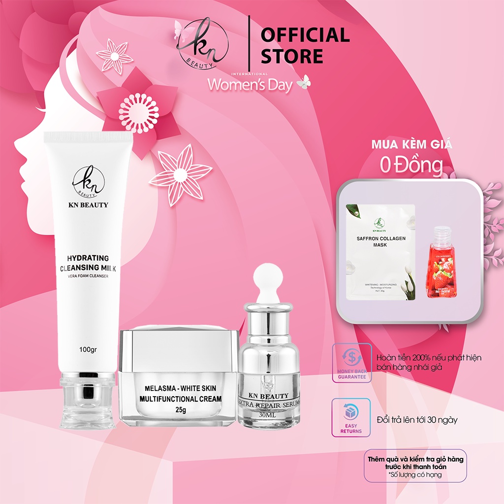 Combo 3 bước Ngừa Nám Trắng Da KN Beauty Kem dưỡng + Serum + Sữa rửa mặt tặng mặt nạ safron + gel rửa tay