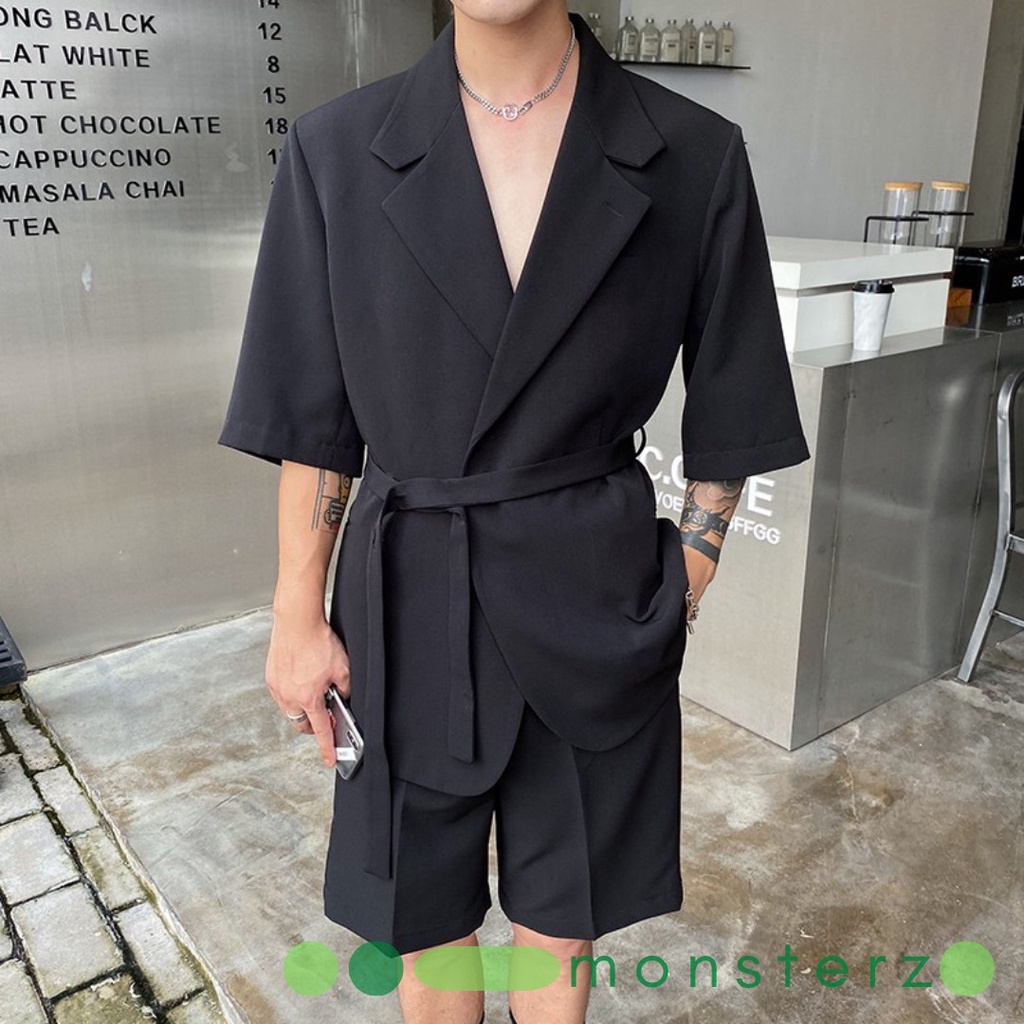 Áo Khoác Blazer Nam Cổ Giả Vest Tay Ngắn Dây Eo Buộc - AV004 - MonsterZ