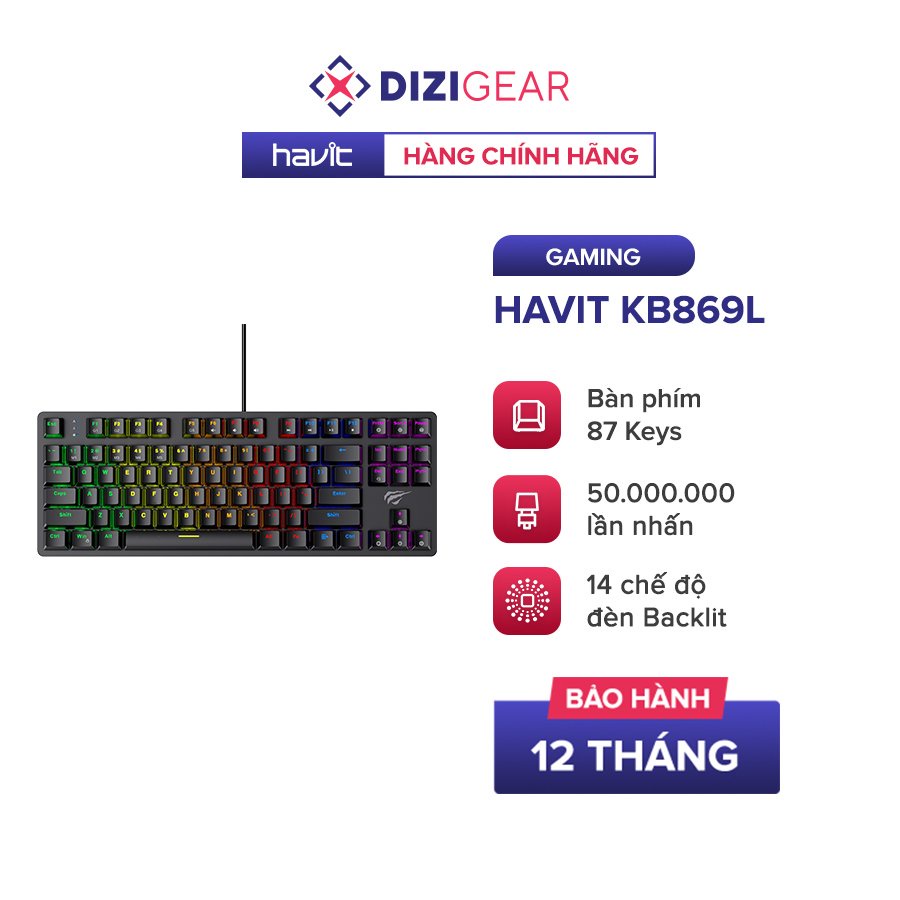 Bàn Phím Cơ Gaming HAVIT KB869L, 87 Phím, 14 Chế Độ Led Rainbow - Chính Hãng BH 12 Tháng Dizigear