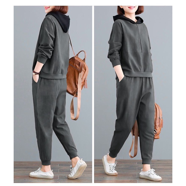 Set Đồ 2 Món Gồm Áo Hoodie Tay Dài Và Quần Lưng Cao Cho Nữ #5116