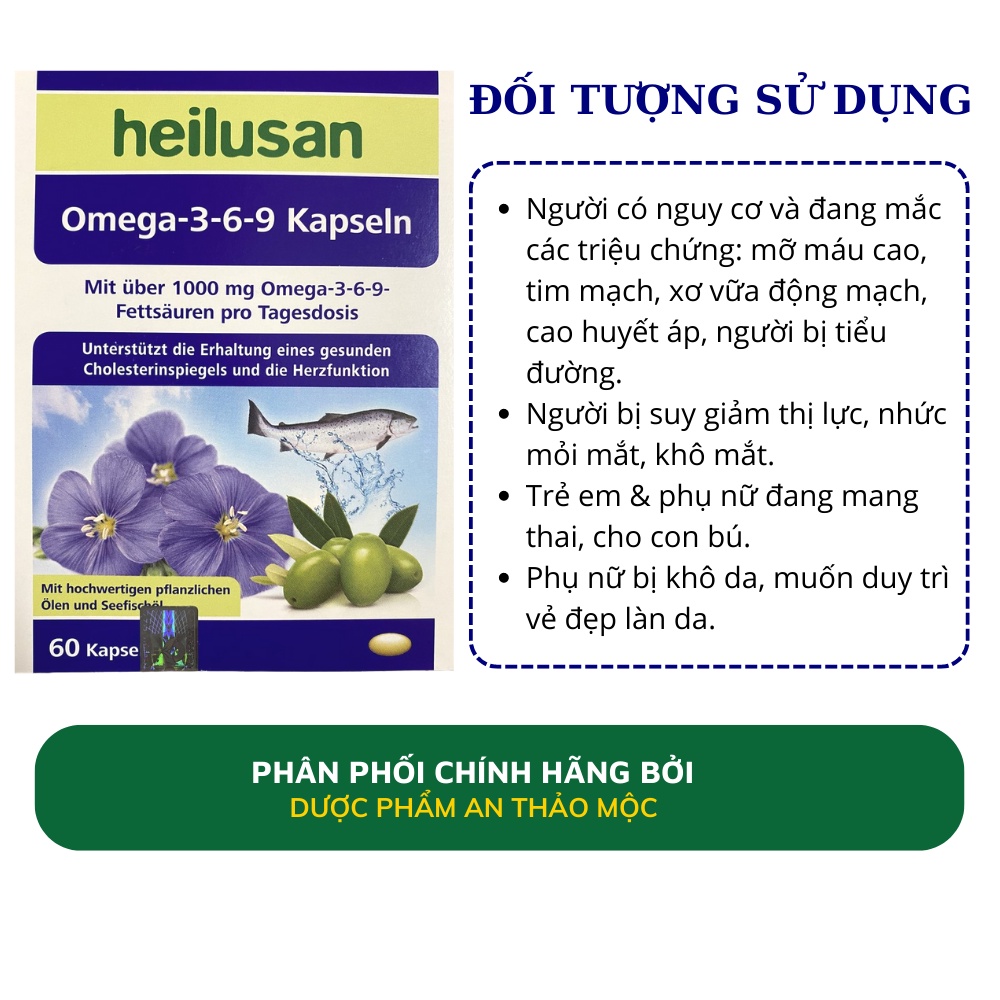 Viên uống Heilusan Omega 369 Kapseln bổ sung dha vitamin e tăng cường miễn dịch tốt cho mắt tim mạch hộp 60v