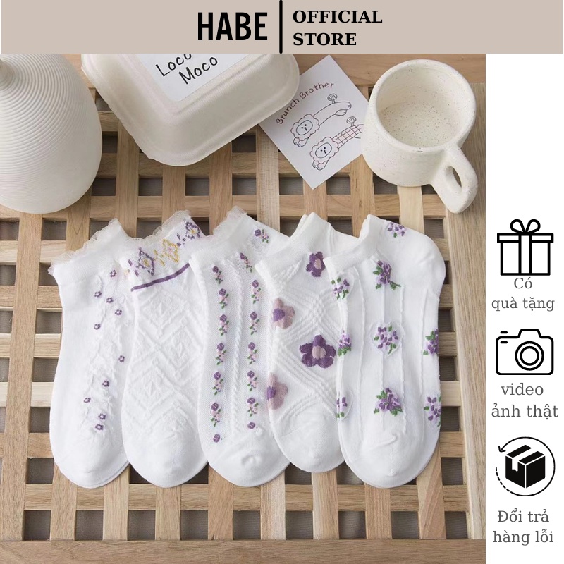 Set 5 đôi tất vớ nữ vintage cổ ngắn cotton Hàn Quốc thông hơi khử mùi hoạ tiết dễ thương HABE TV04