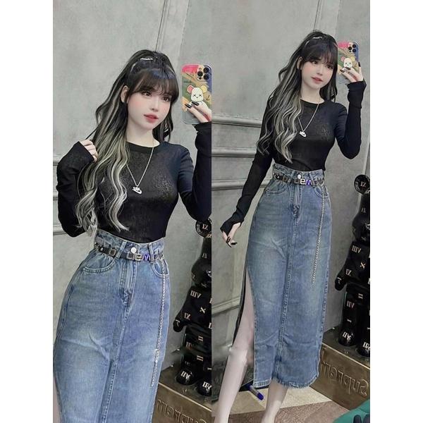 Chân Váy jeans Xẻ Dáng Dài Kèm Đai