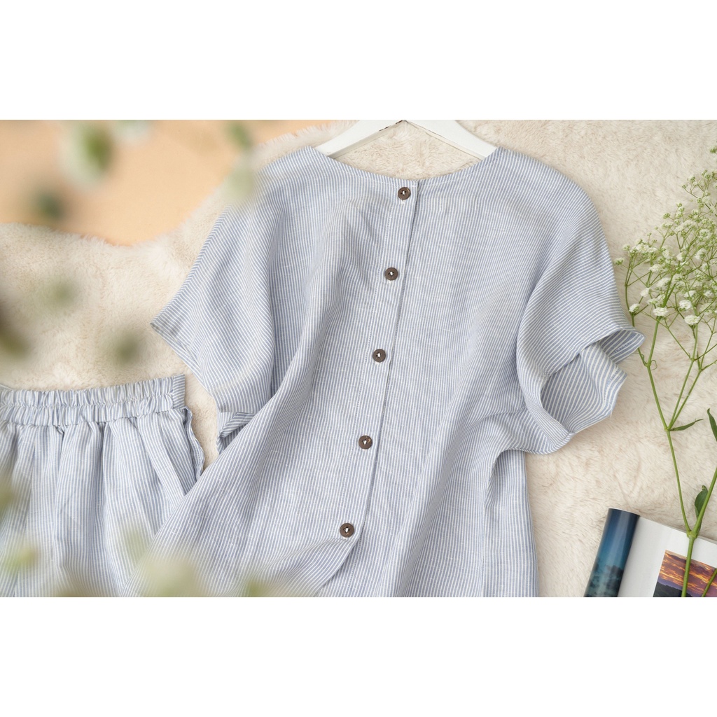 Set bộ Linen KANAMY phối nút sọc màu xanh