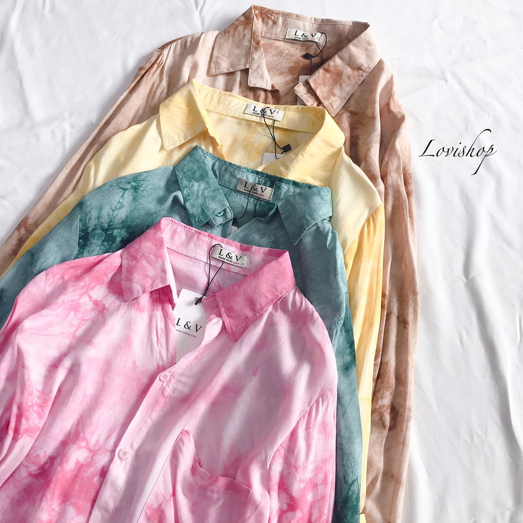 Áo sơ mi nữ loang màu tay dài cá tính chất lừ Lovi