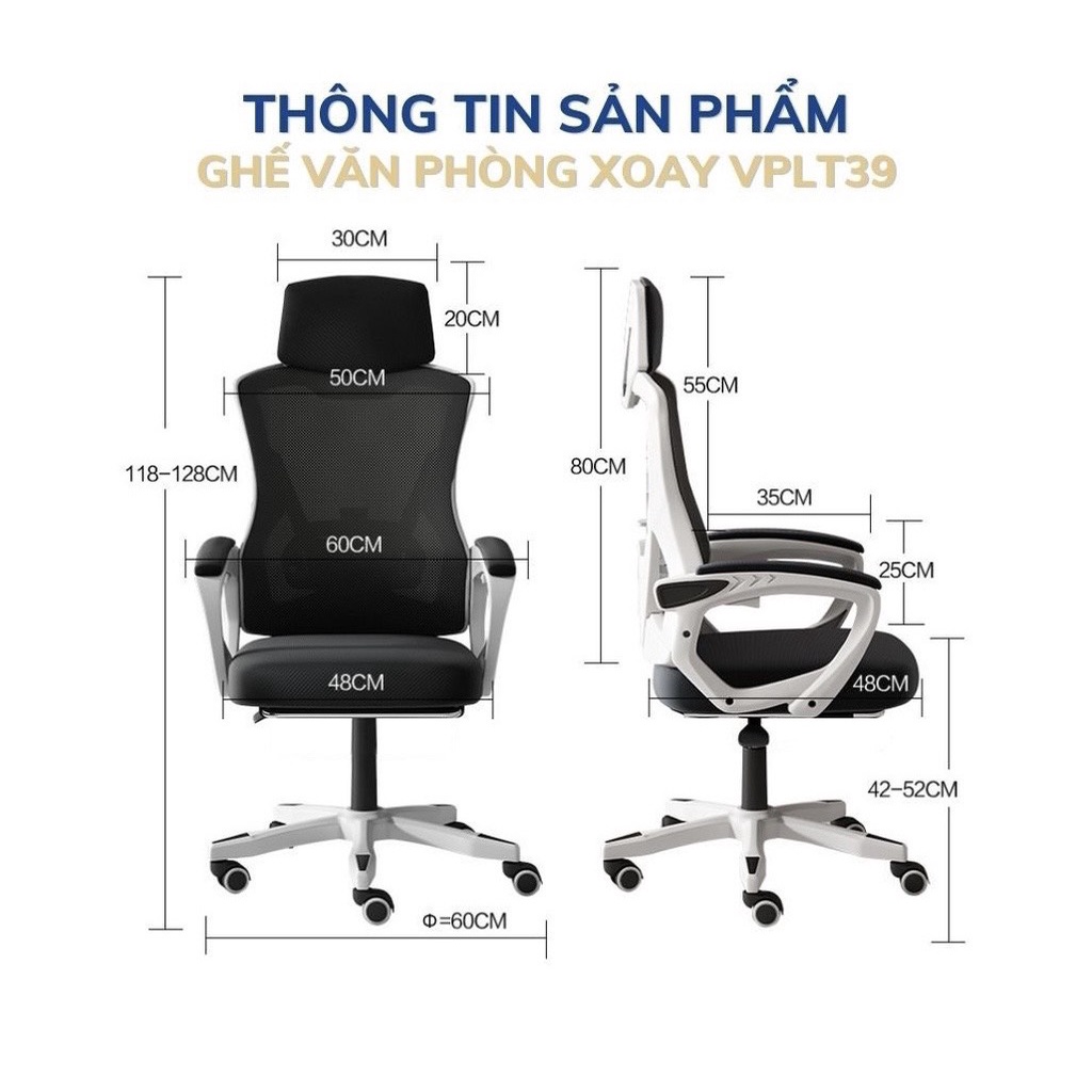 Ghế Xoay Chơi Game Công Thái Học Bảo Vệ Cột Sống Kirata VPLT39 Tặng Kèm Gác Chân