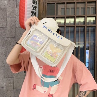Túi tote vải canvas đeo chéo 2 ngăn nhỏ trong suốt thêu chữ nhật