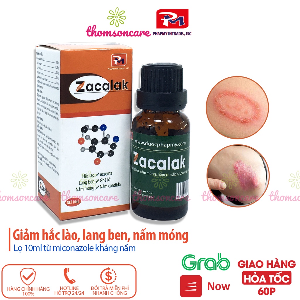 Kem bôi hắc lào, lang ben Zacalak hỗ trợ giảm nấm móng từ cồn povidone Iod và Miconazole lọ 10ml