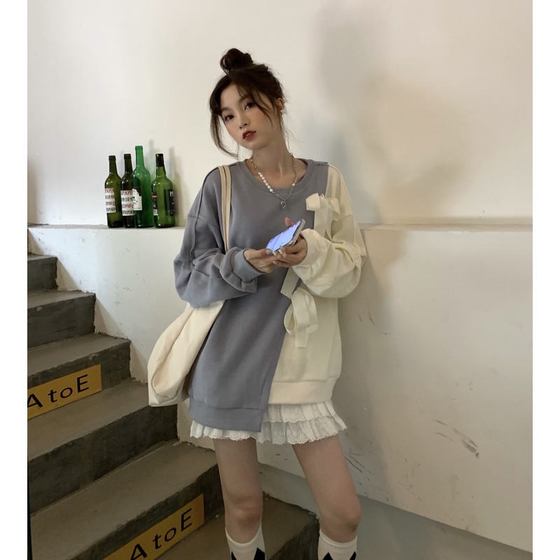 ZHELIHANGFEI Áo Sweater Tay Dài Dáng Rộng Đính Nơ Xinh Xắn Dễ Phối Đồ