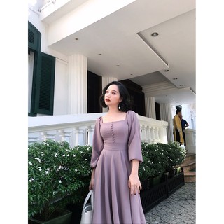 Váy tím nhạt cổ vuông tay bồng dài