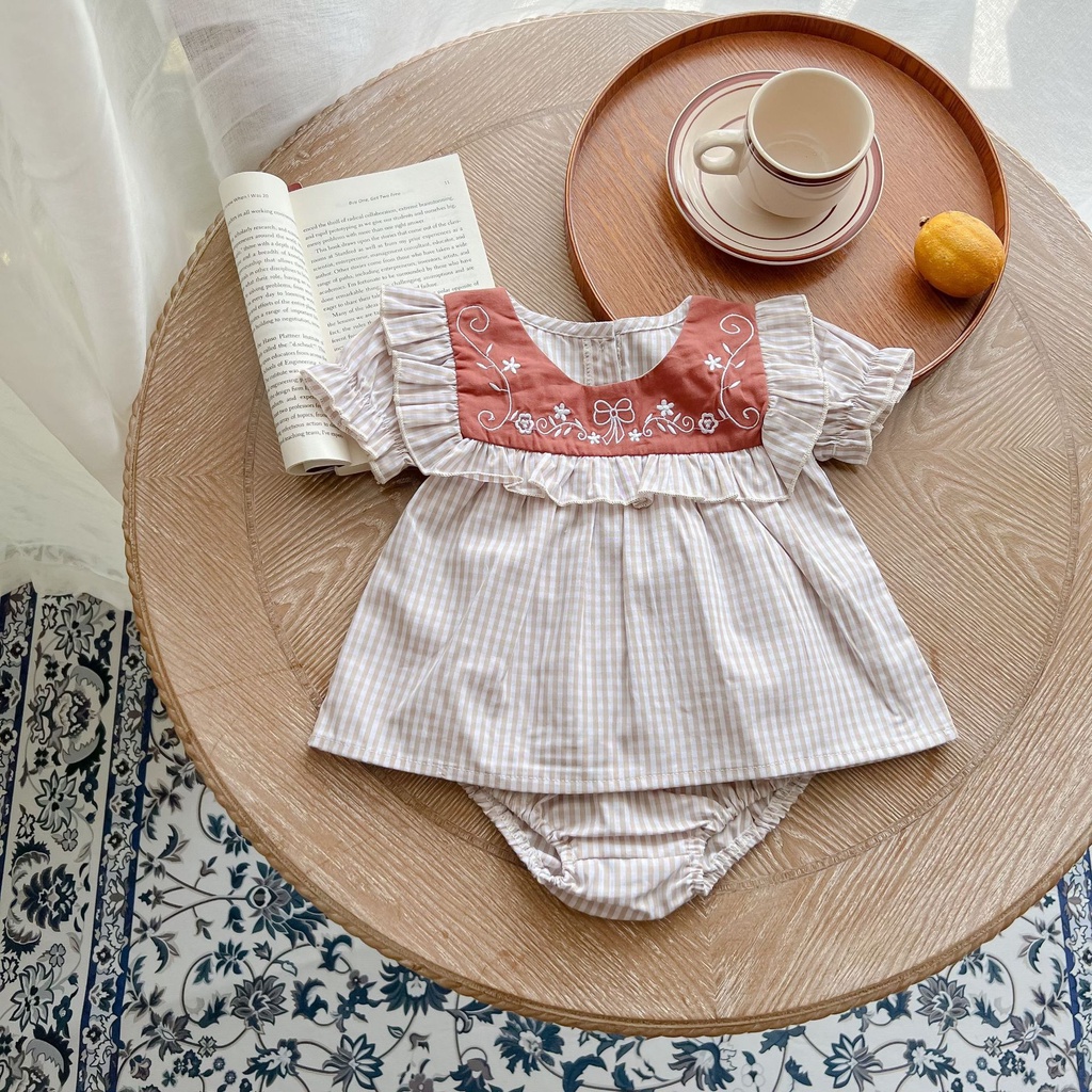 Bộ Áo Tay Ngắn + Quần Bằng Cotton Mỏng Kẻ Sọc Ca Rô Thời Trang Mùa Hè Dành Cho Bé Gái